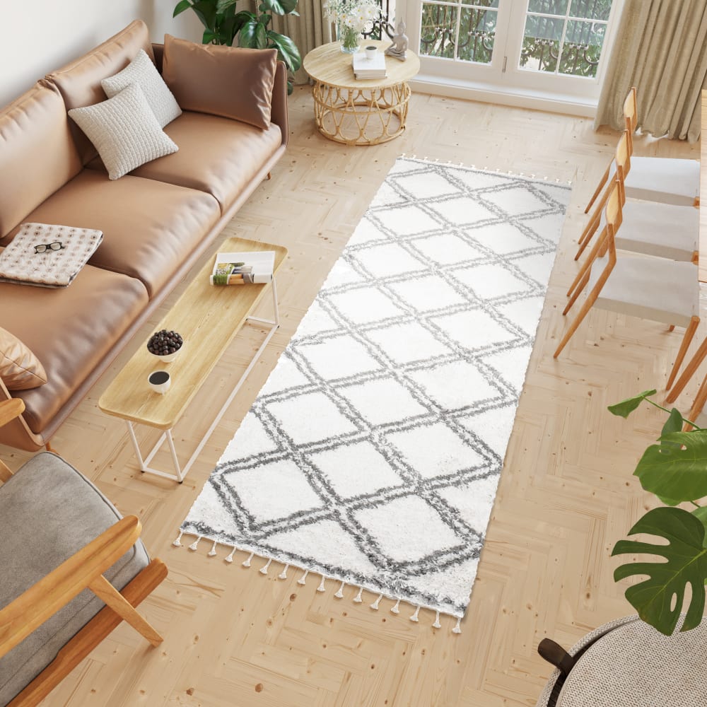 Alfombra de pasillo crema gris oscuro cuadros flecos 100x150 - Maisons du Monde