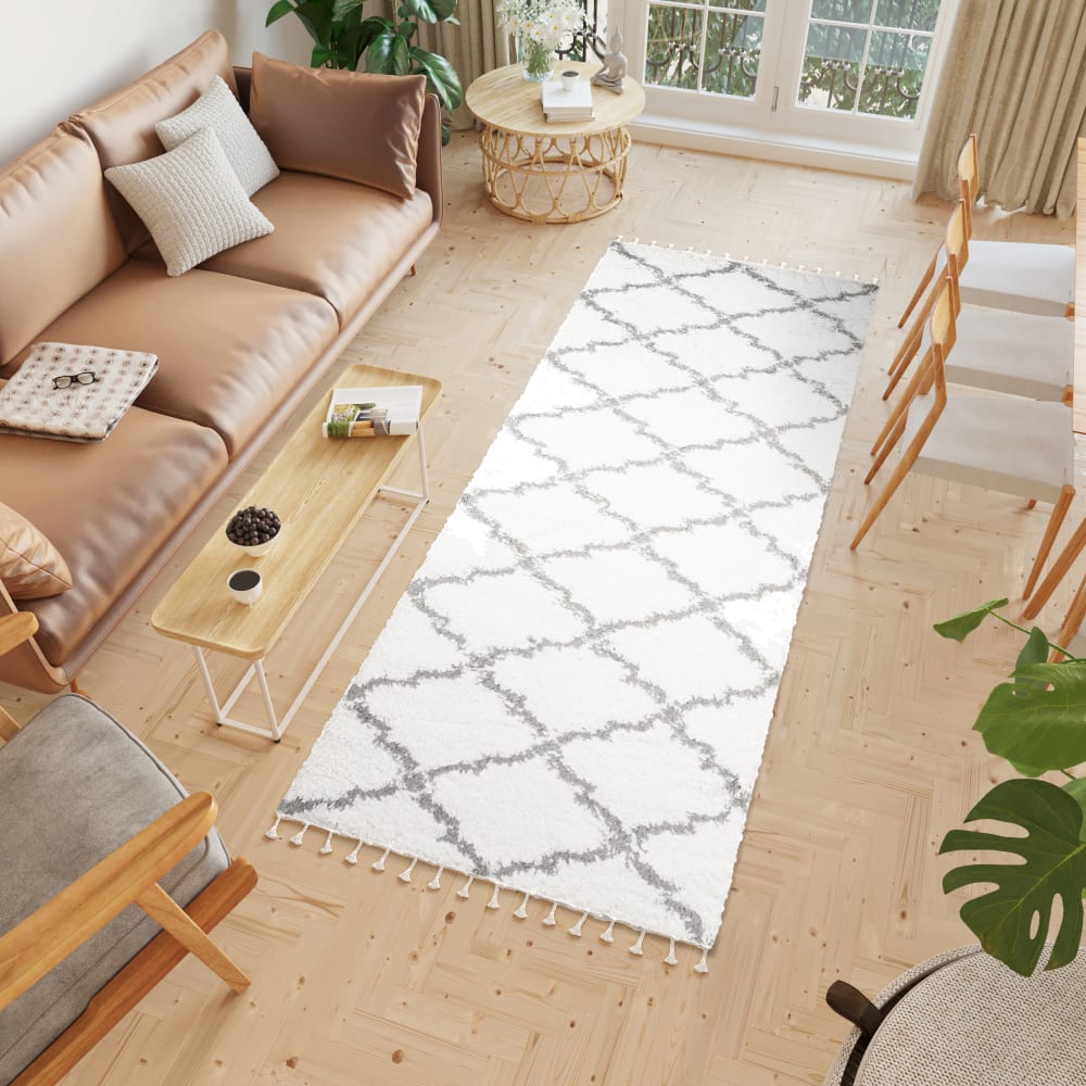 Alfombra de pasillo crema gris oscuro marroquí flecos 100x300 - Maisons du Monde