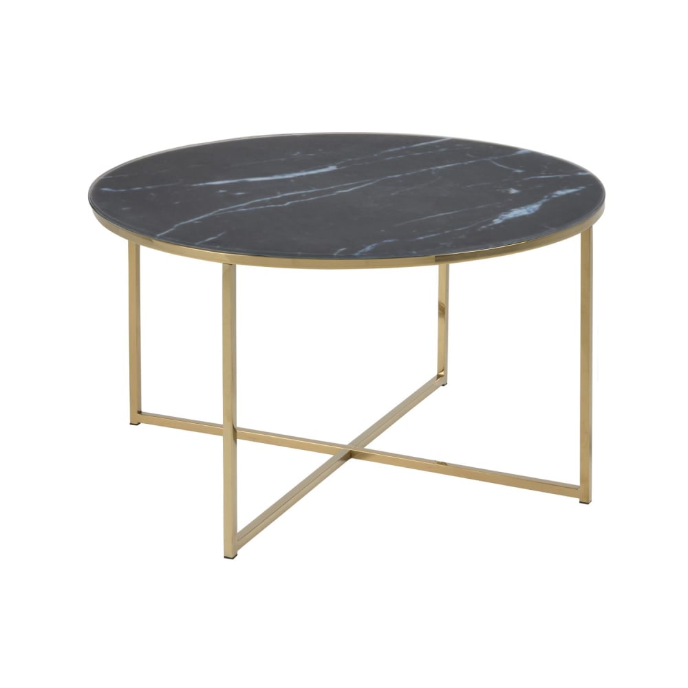 Toilinux Table basse ronde effet marbre en verre et métal noir style contemporain Noir Verre - 80x45x80cm