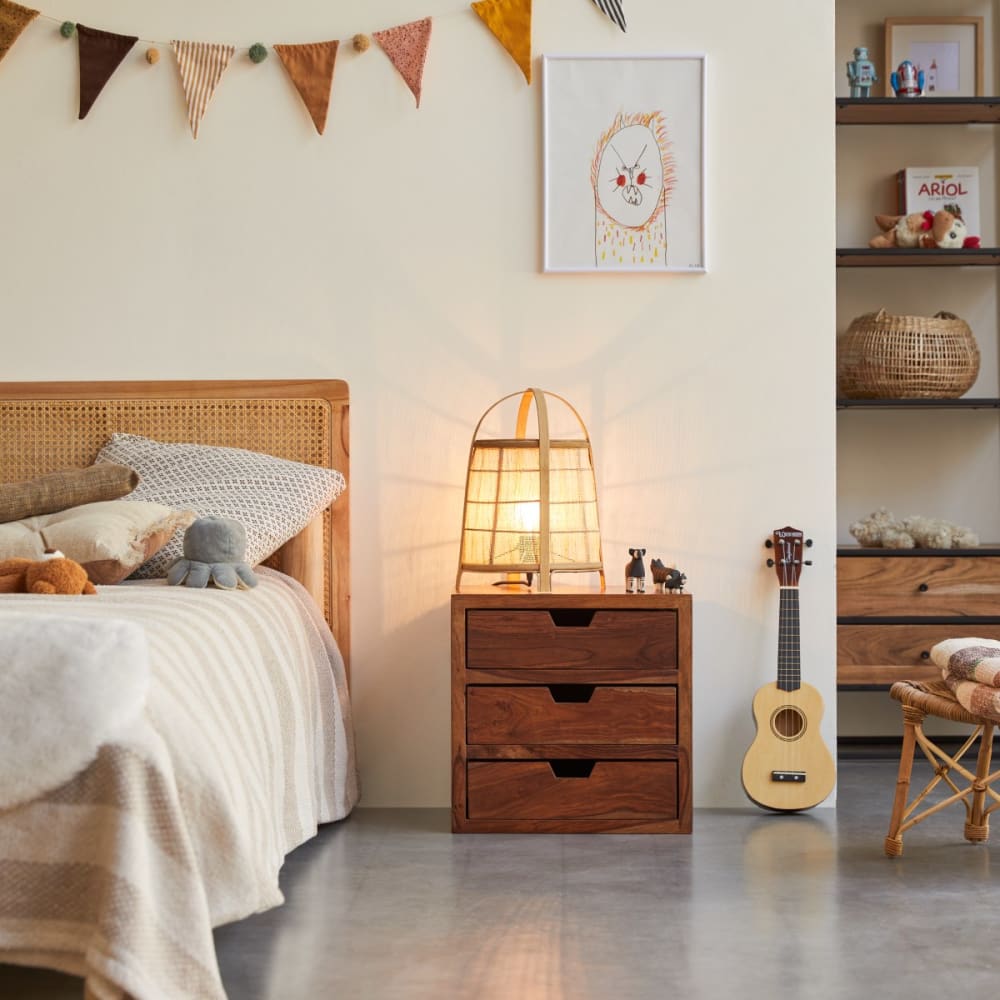 Tikamoon Kinder-Nachttisch aus massivem Palisanderholz mit 3 Schubladen style vintage Braun Baby