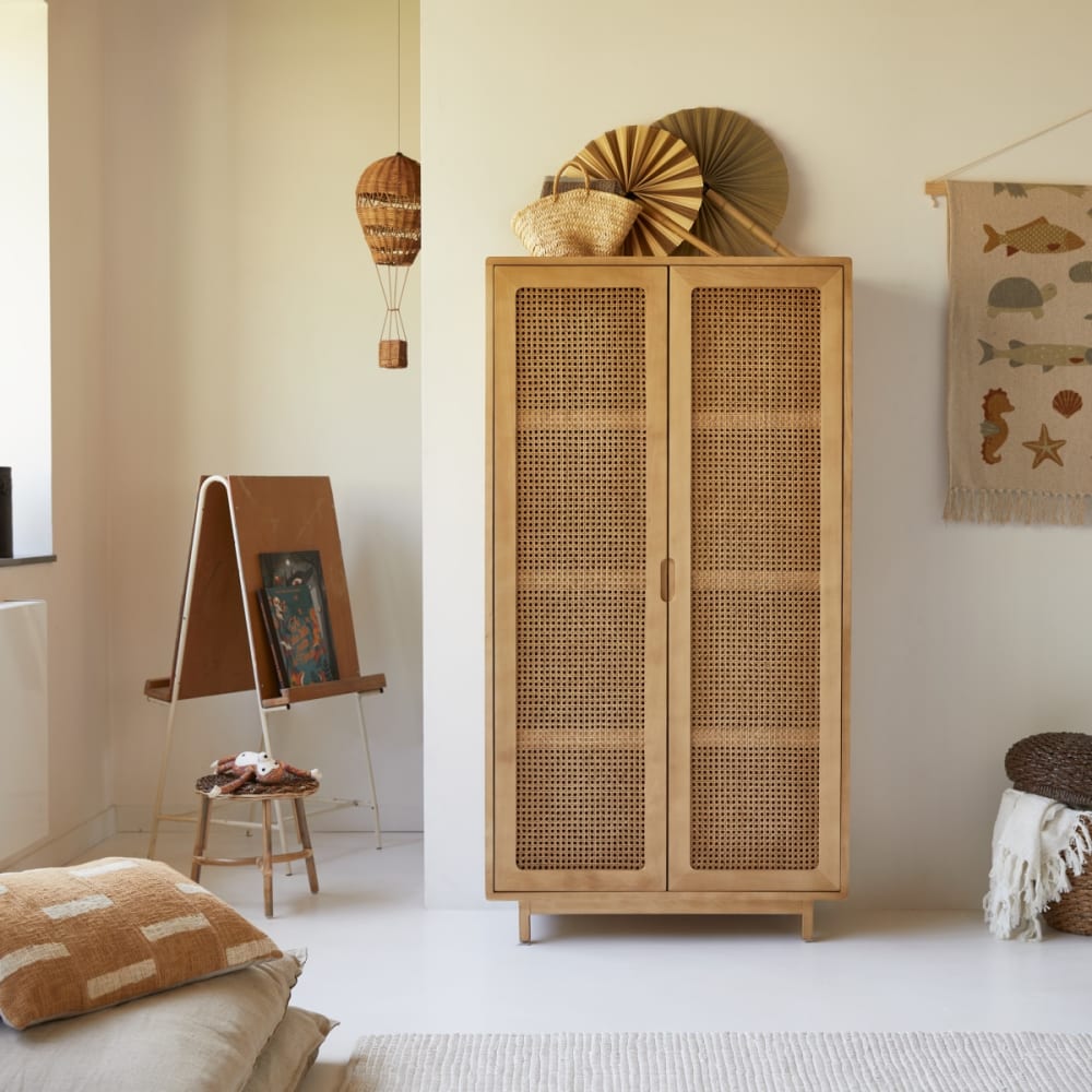 Tikamoon Kinderschrank aus Ulme massiv und Rattangeflecht style exotic BEIGE HOLZ Kinder