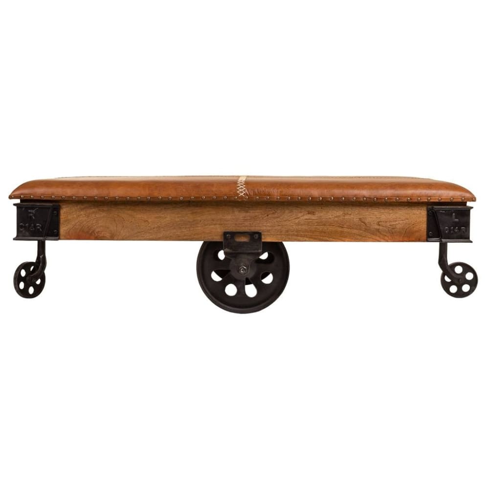 Mesa de centro de madera, metal y piel marrón 165x90x52 - Maisons du Monde