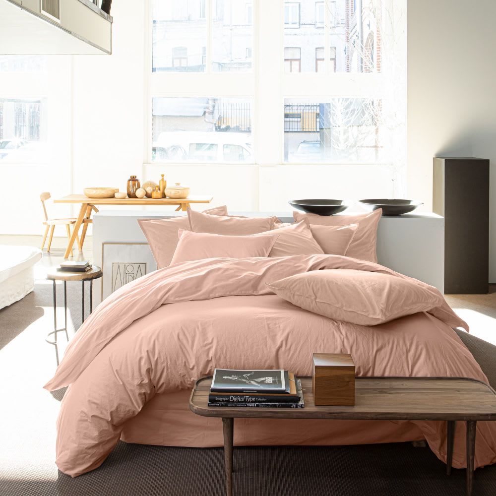 Housse de couette percale de coton lavé rose 240x260 cm