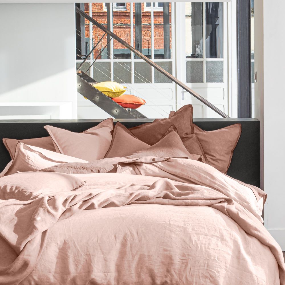 Housse de couette lin lavé rose 220x240 cm