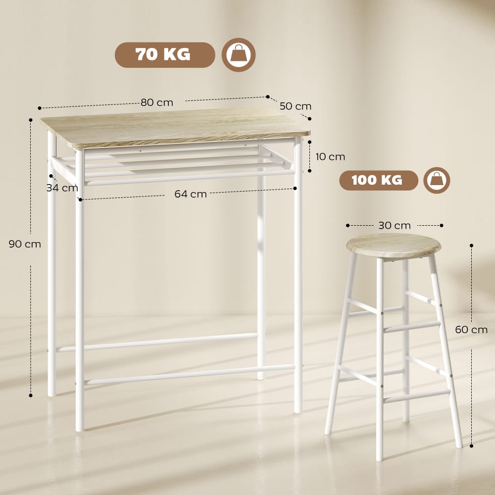 Set bancone e 2 sgabelli da bar con poggiapiedi stile nordico -