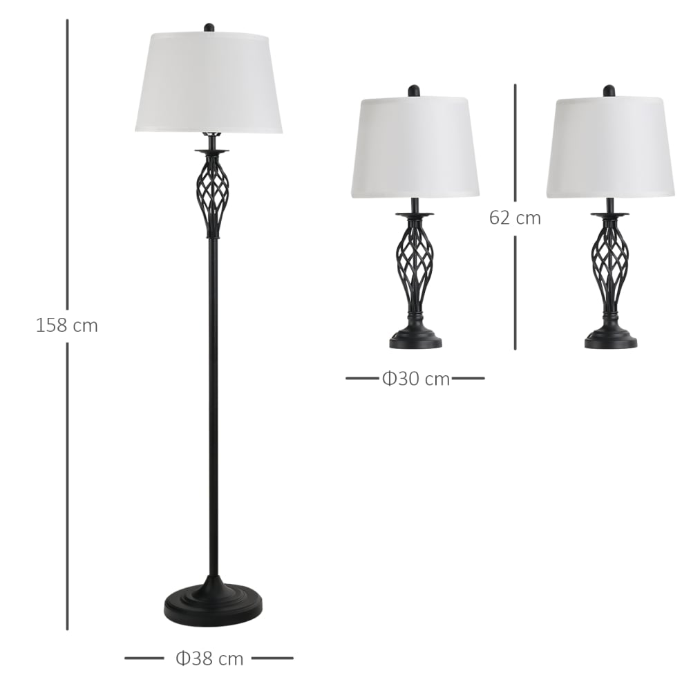 Lampada da terra e 2 lampade da tavolo in metallo nero e bianco -