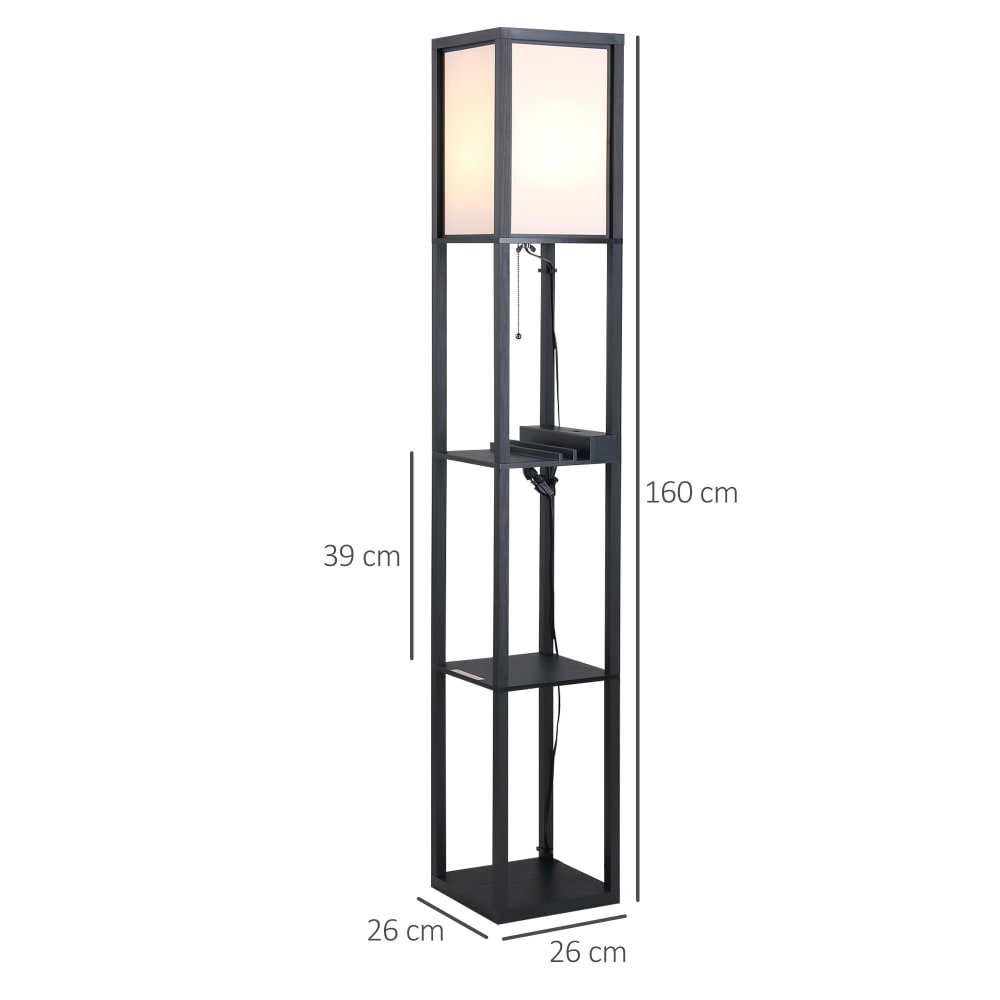 Lampada da terra elegante con 3 mensole e 2 porte usb in mdf nero