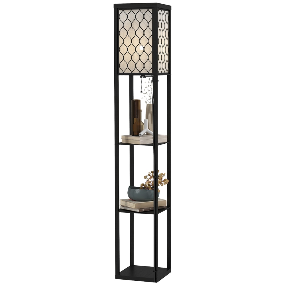 Lampada da terra con ripiani durevole in cotone e mdf nero e