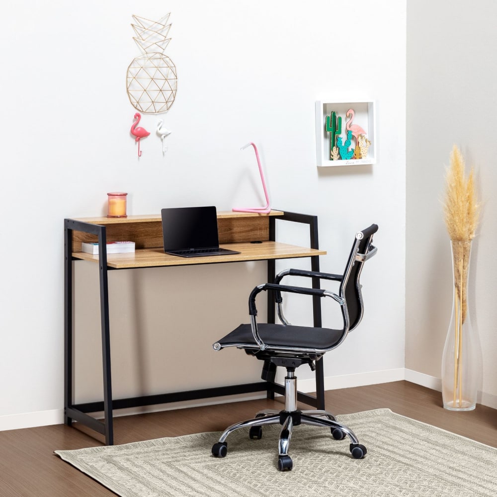 Bureau noir, 1 étagère, style industriel, 104 cm longueur