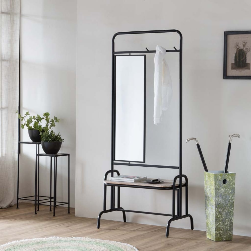 Recibidor con banco y espejo de metal y madera gris 77x45x181,5 - Maisons du Monde