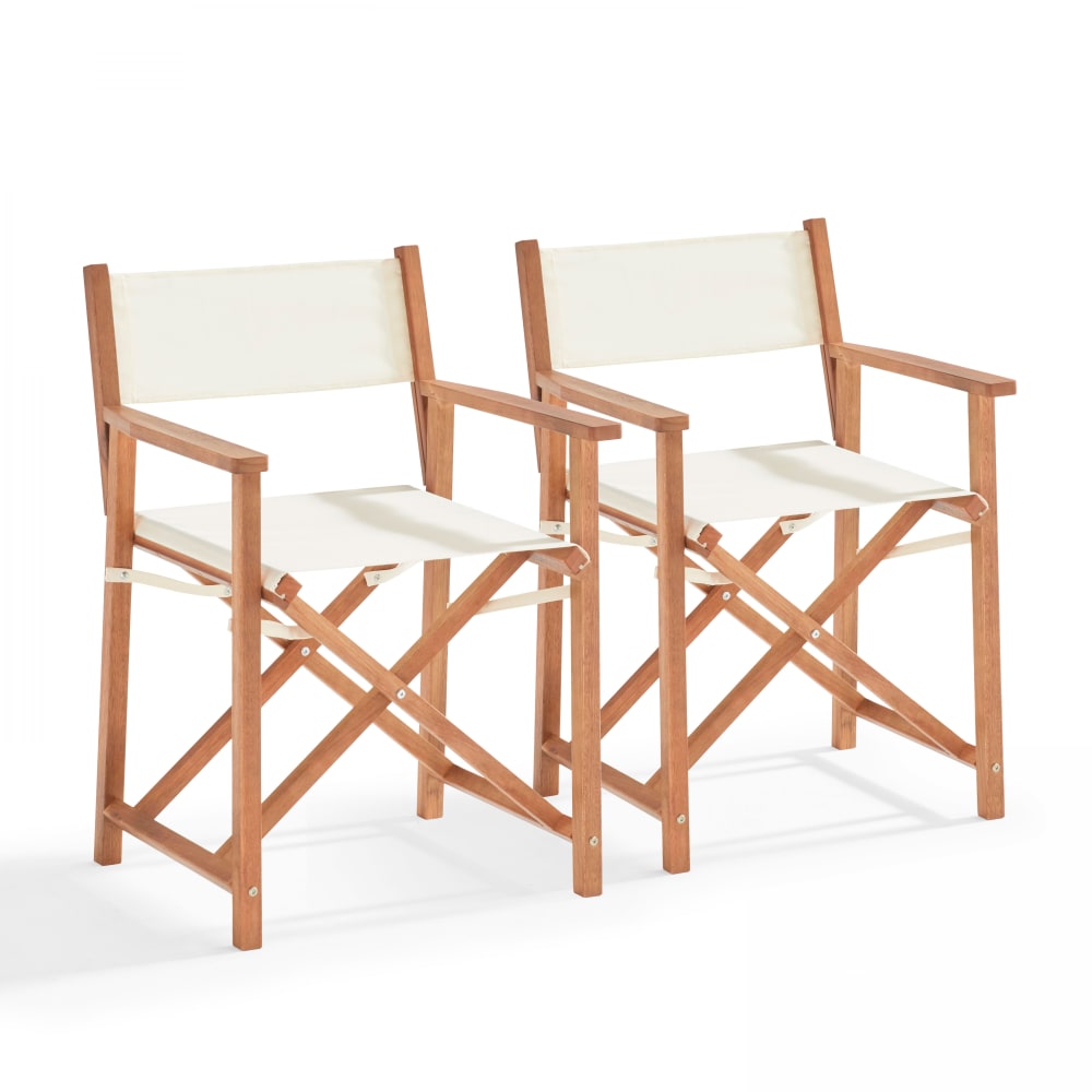 Lot de 2 chaises pliantes en bois d'eucalyptus et textilène blanc