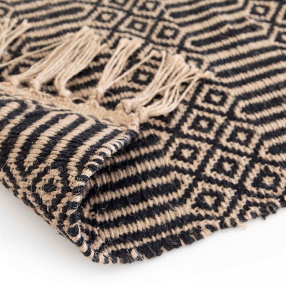 Tapis à franges en jute naturel tissé main noir 160 x 230 cm