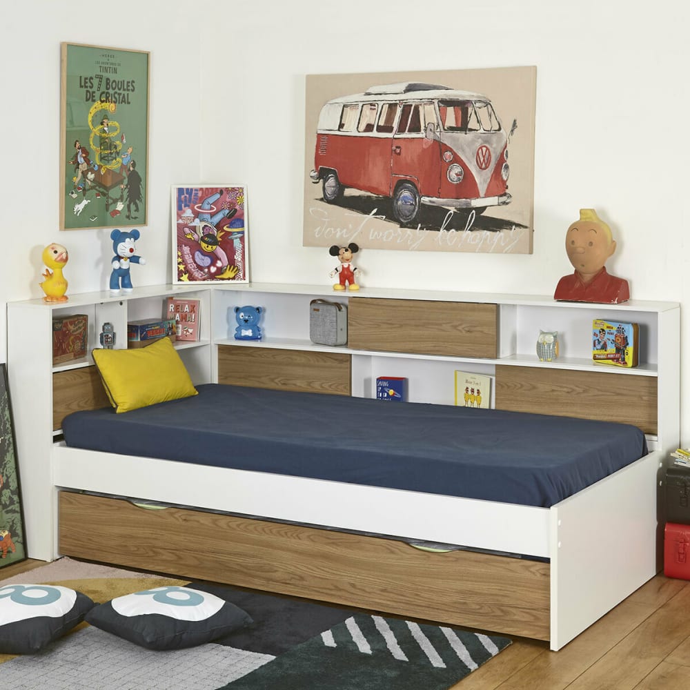 Pack lit cosy avec tiroir et matelas 90x190 cm effet bois et blanc