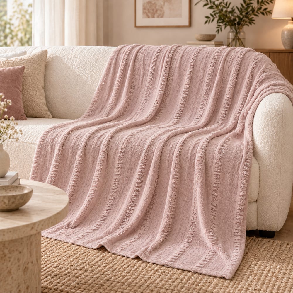 Manta polar rosa suave coralina con detalle flecos 220x220 cm