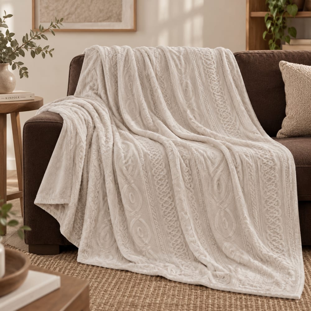Manta polar coralina beige con detalles en relieve 160x220 cm