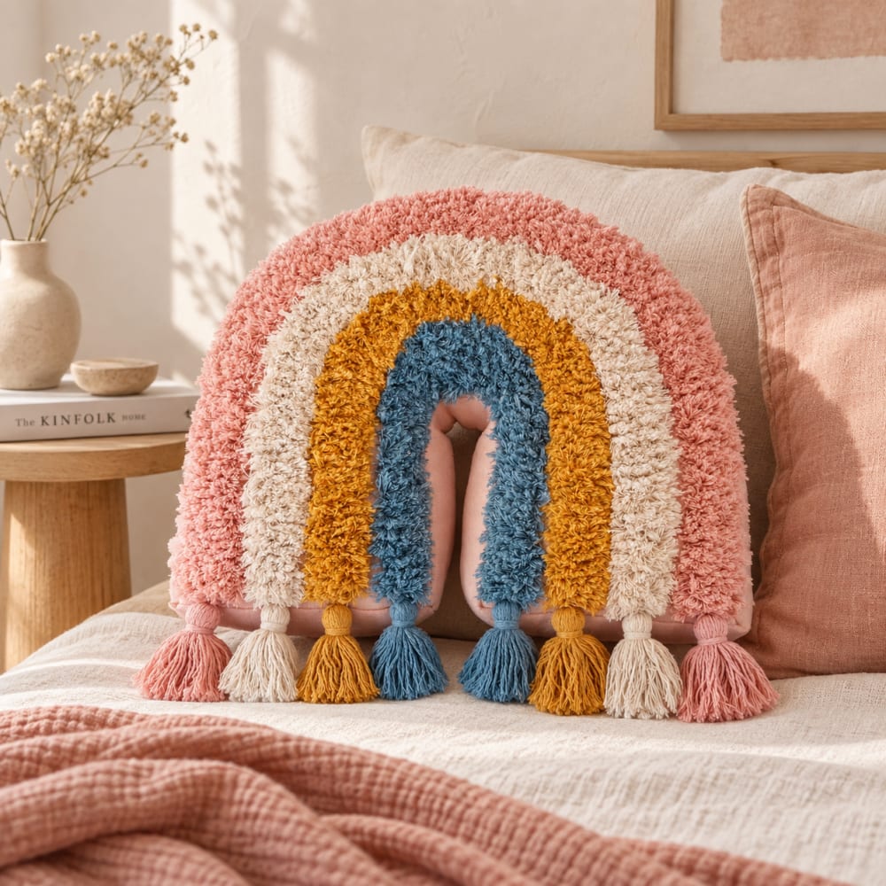 Cojín decorativo infantil arcoíris rosa bordado felpa 38x32 cm