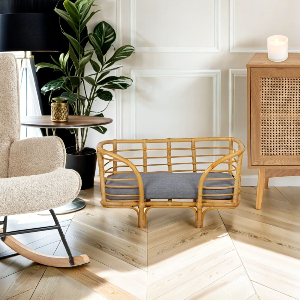 Panier rectangulaire pour chien et chat en rotin coussin coloris gris