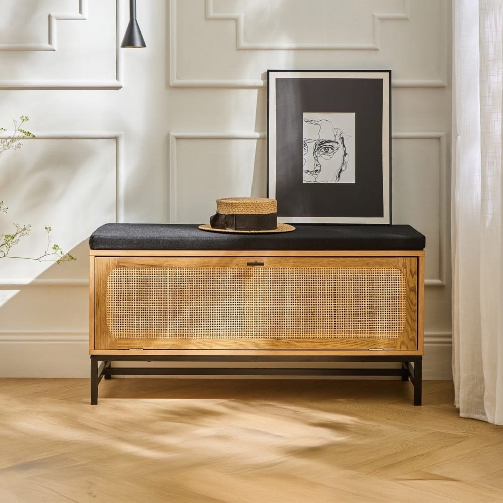 Banc d'entrée avec rangements effet bois et façade en rotin L100 cm