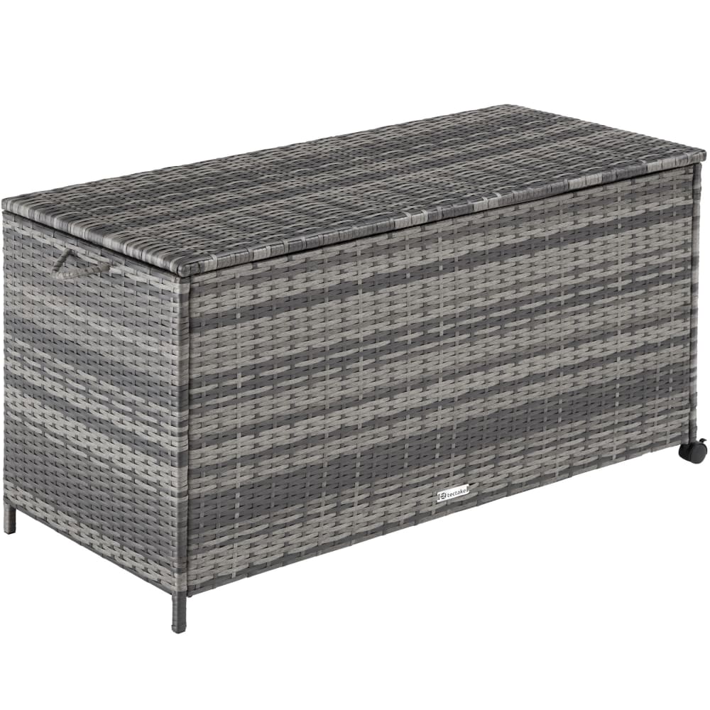 Coffre de jardin rangement pour coussins tressage en rotin gris