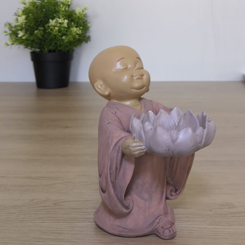 Statue déco zen Bougeoir Vide Poche en résine rose et beige - H13 cm — vue 3