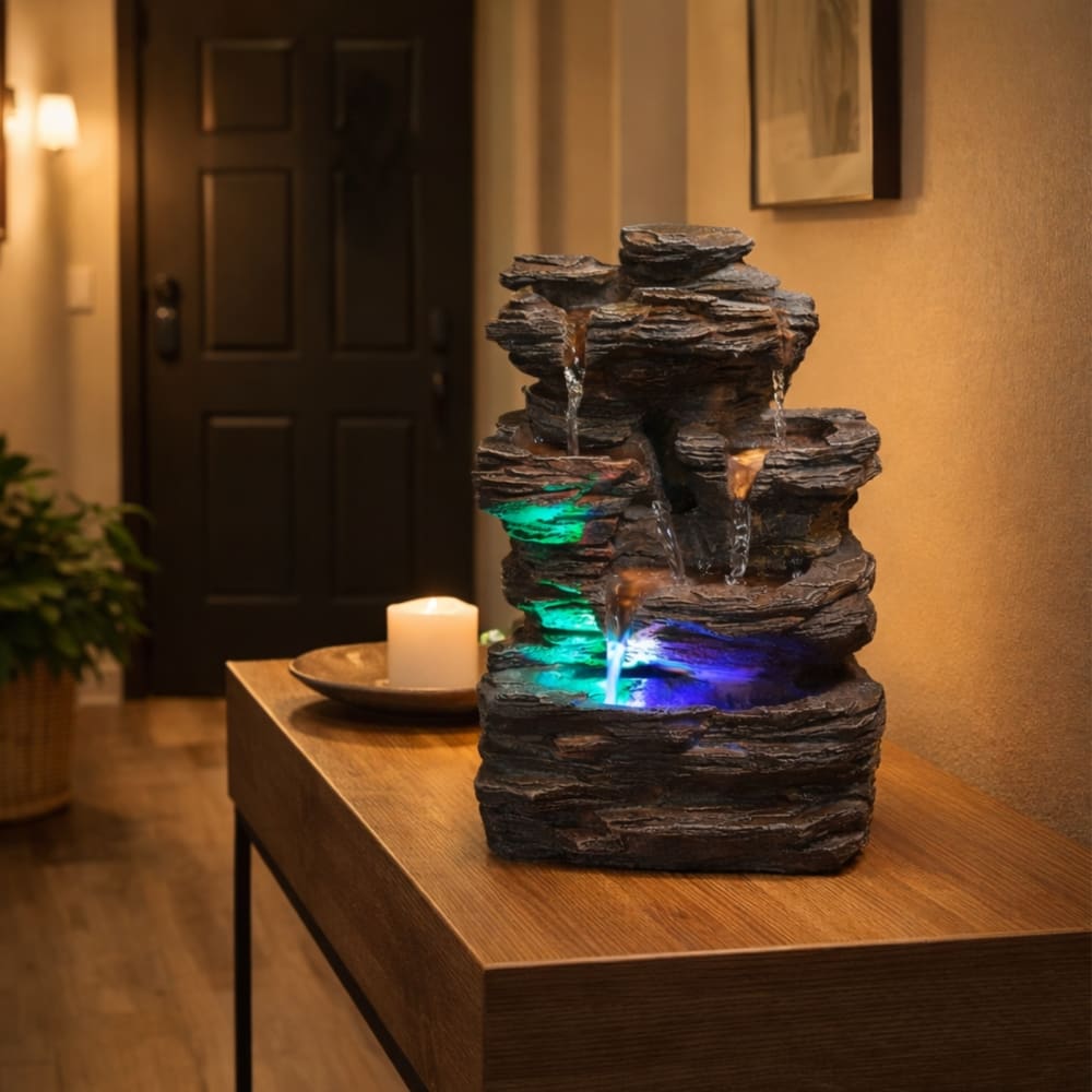 Fontaine cascade nature rochier en résine gris et éclairage led - h35 - Maisons du Monde
