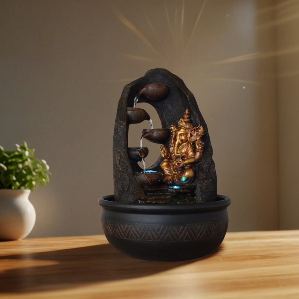 Fontaine bouddha ganesh en résine marron et doré - h40 cm — vue 3