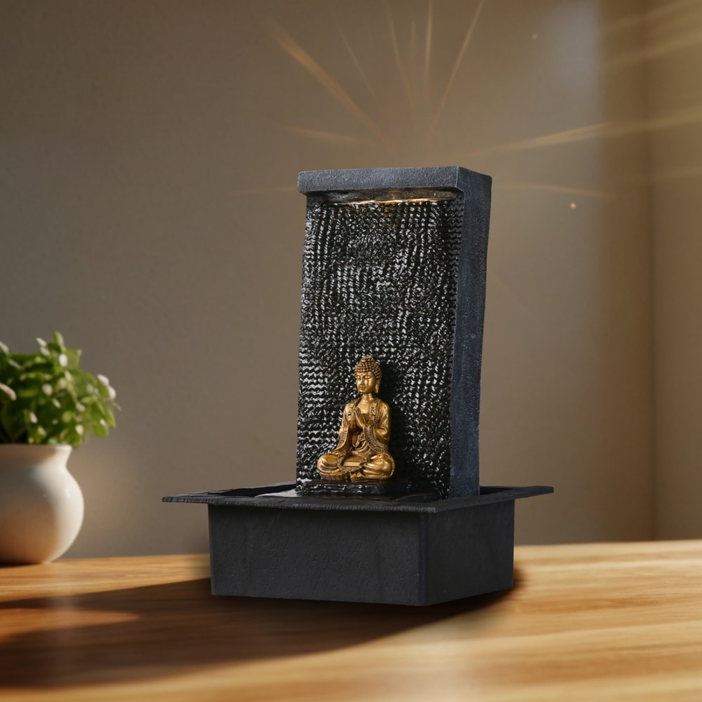 Fontaine Zen Mur d'eau et bouddha amovible en résine noir et doré- H40 - Maisons du Monde