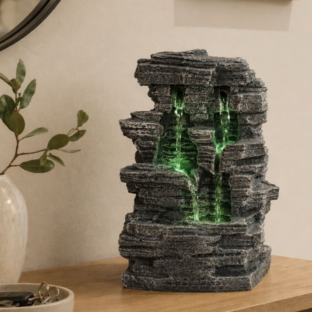 Fontaine 4 cascade en résine gris et lumière blanc 3 led - h28 - Maisons du Monde