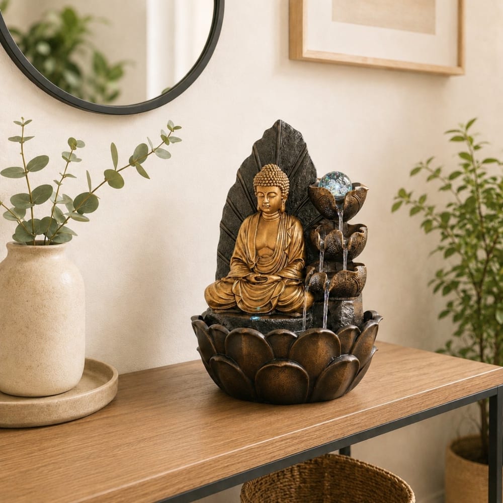 Zen'Light Brunnen Buddha und Wasserfall aus 3 Lotusblumen braun und gold 40cm - Harz