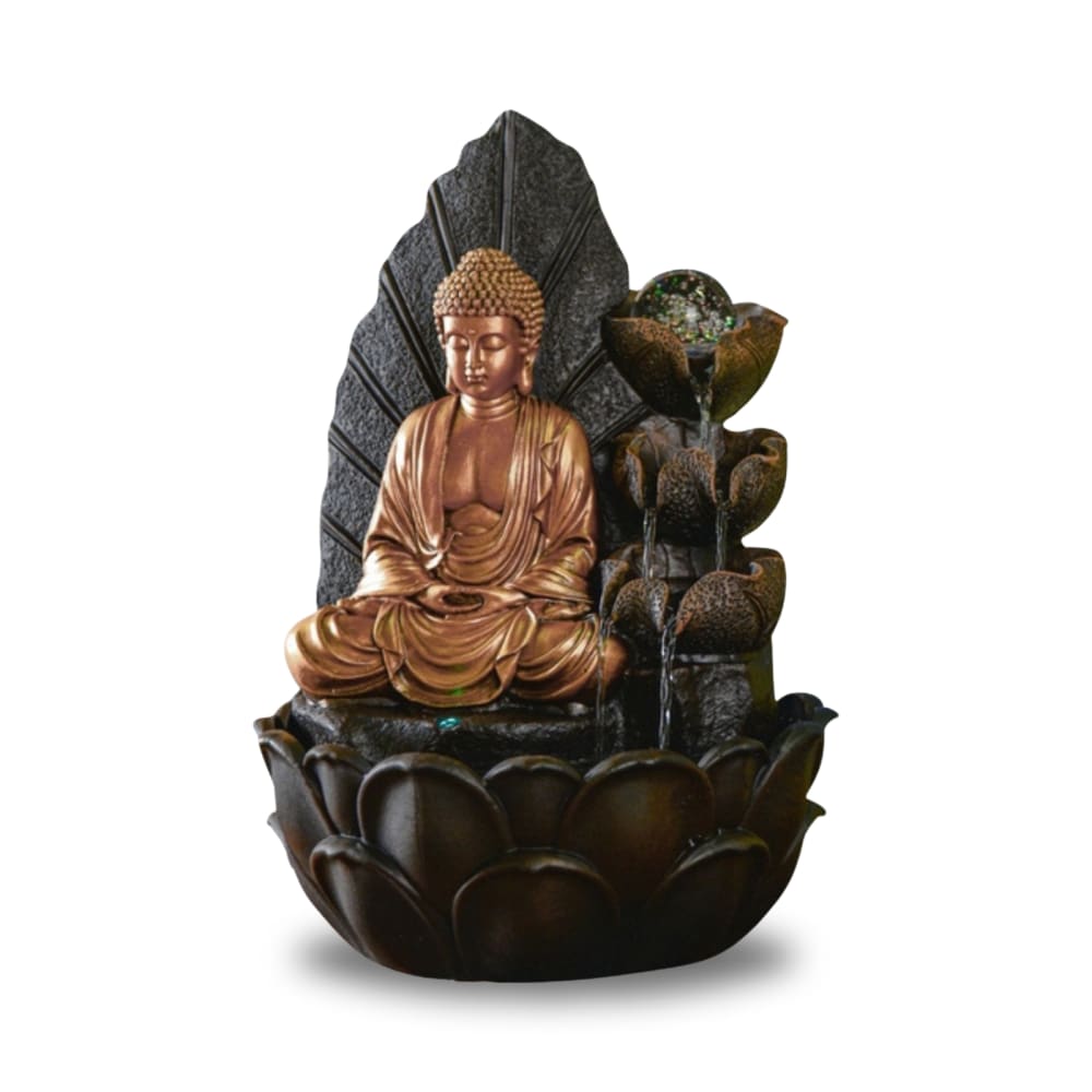 Fontaine bouddha et cascade de 3 lotus en résine marron et doré H40cm