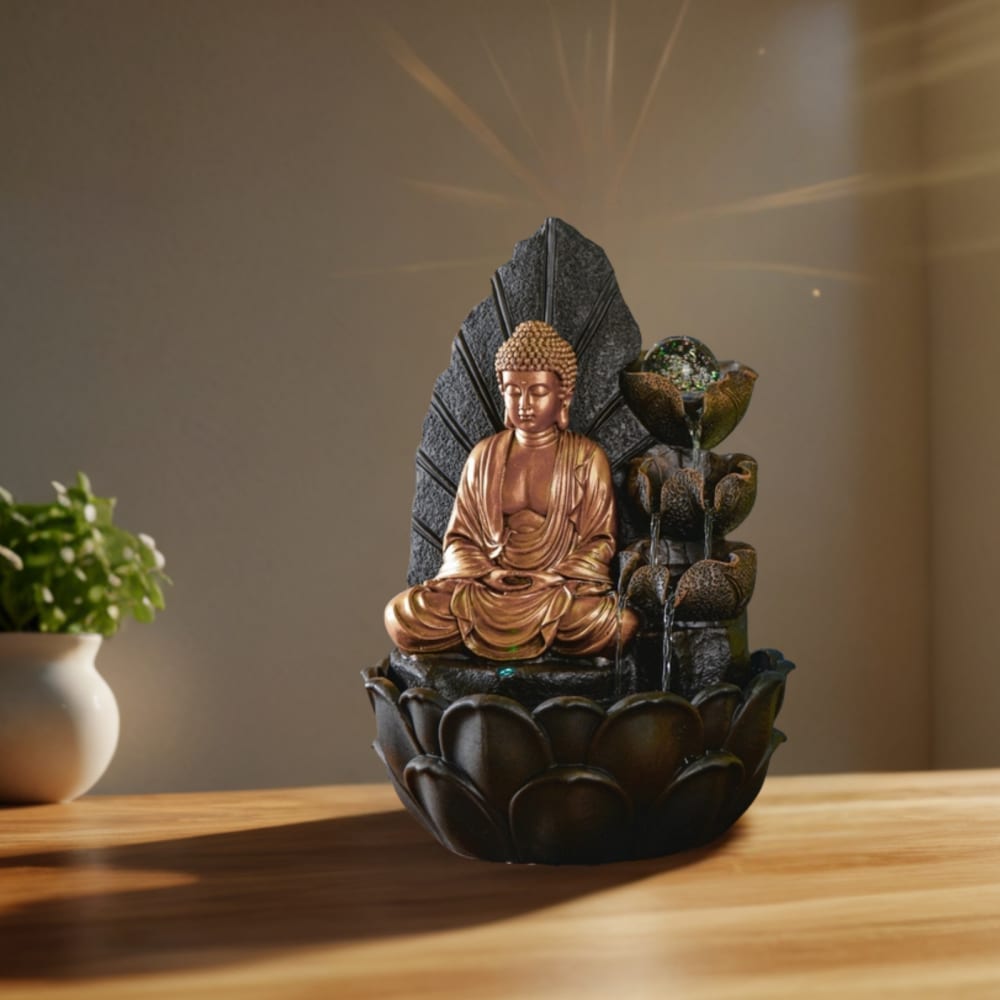 Fontaine bouddha et cascade de 3 lotus en résine marron et doré H40cm — vue 3