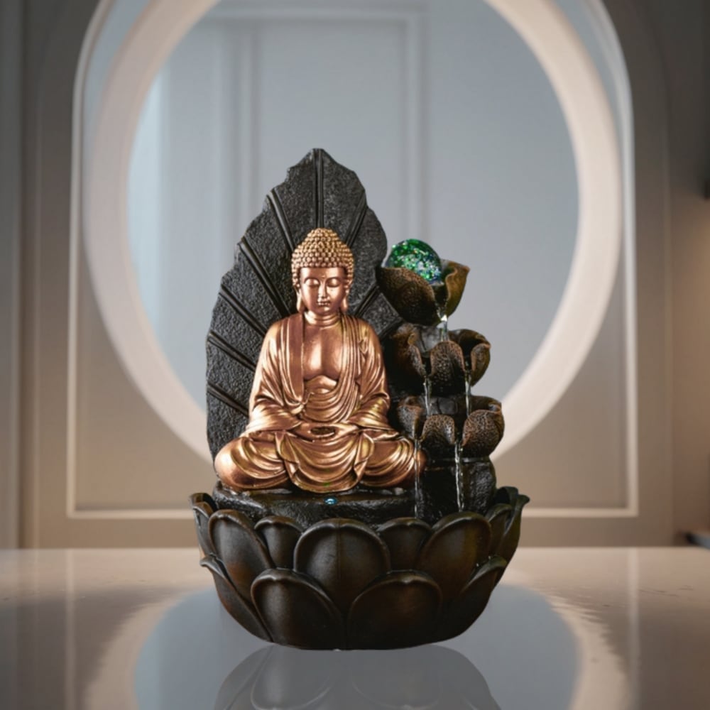 Fontaine bouddha et cascade de 3 lotus en résine marron et doré H40cm — vue 4