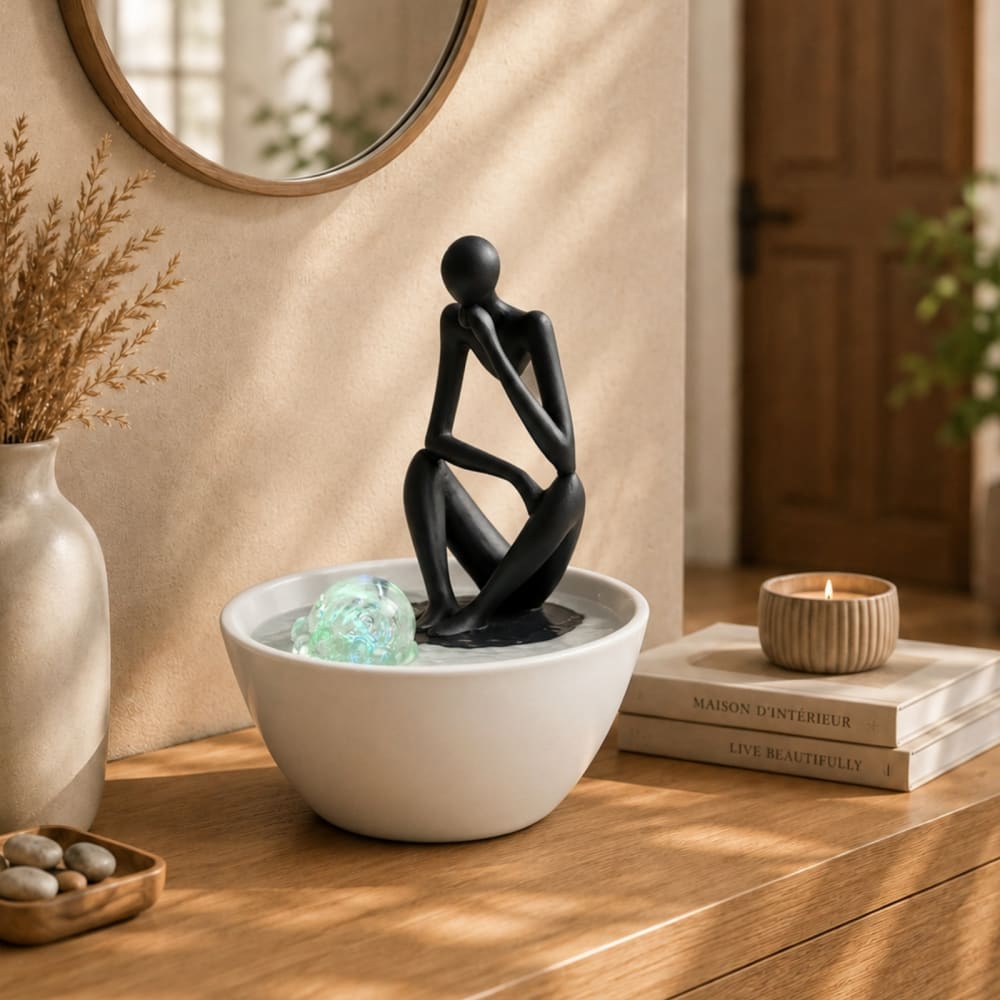 Fontaine moderne figurine penseur amovible résine noir et blanc - h26 - Maisons du Monde