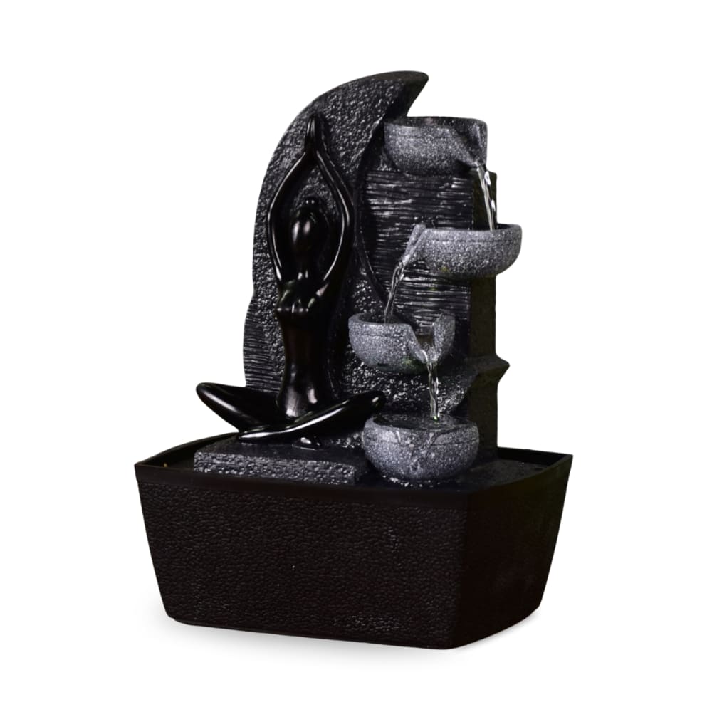 Zen'Light Fontaine cascade décor roche en résine et statuette yoga noire h25cm