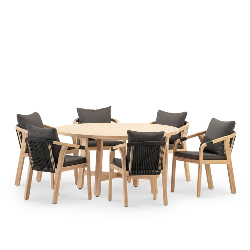 Ensemble de table ronde D1,5m et 6 chaises en bois et en corde tressée