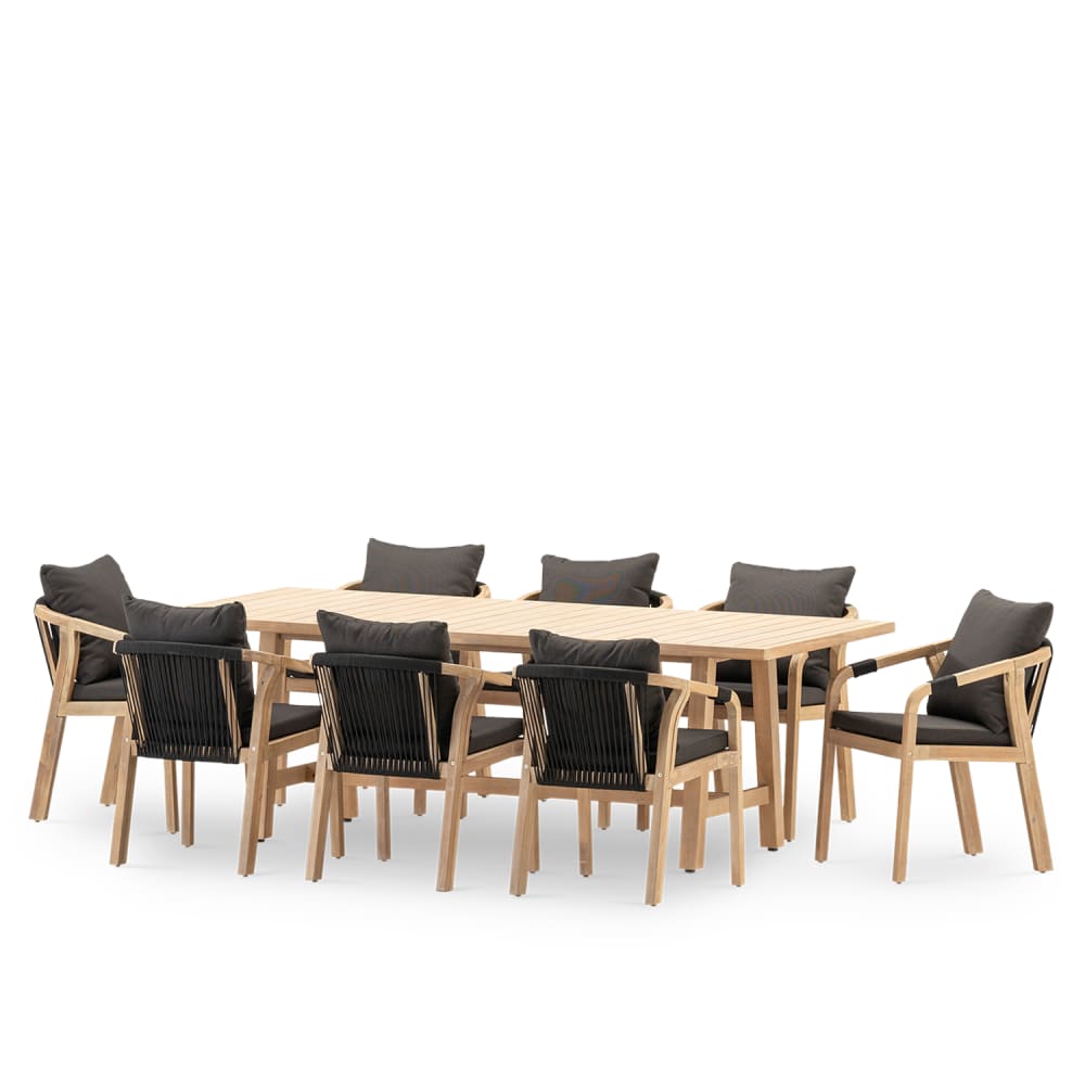 ensemble table de jardin 230×100 cm et 8 chaises bois et corde