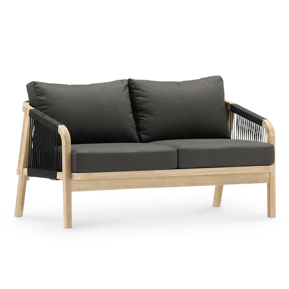 Defora Home 2-Sitzer Doppelsofa aus hellem Akazienholz und schwarzem Seil - Öko-Tex Zertifikat -