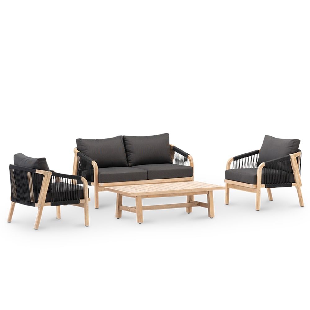 Conjunto de jardín 4 plazas acacia y cuerda color negro