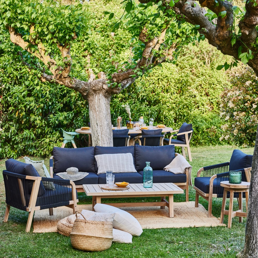 Salon de jardin 5 places en acacia et corde de noir - Maisons du Monde