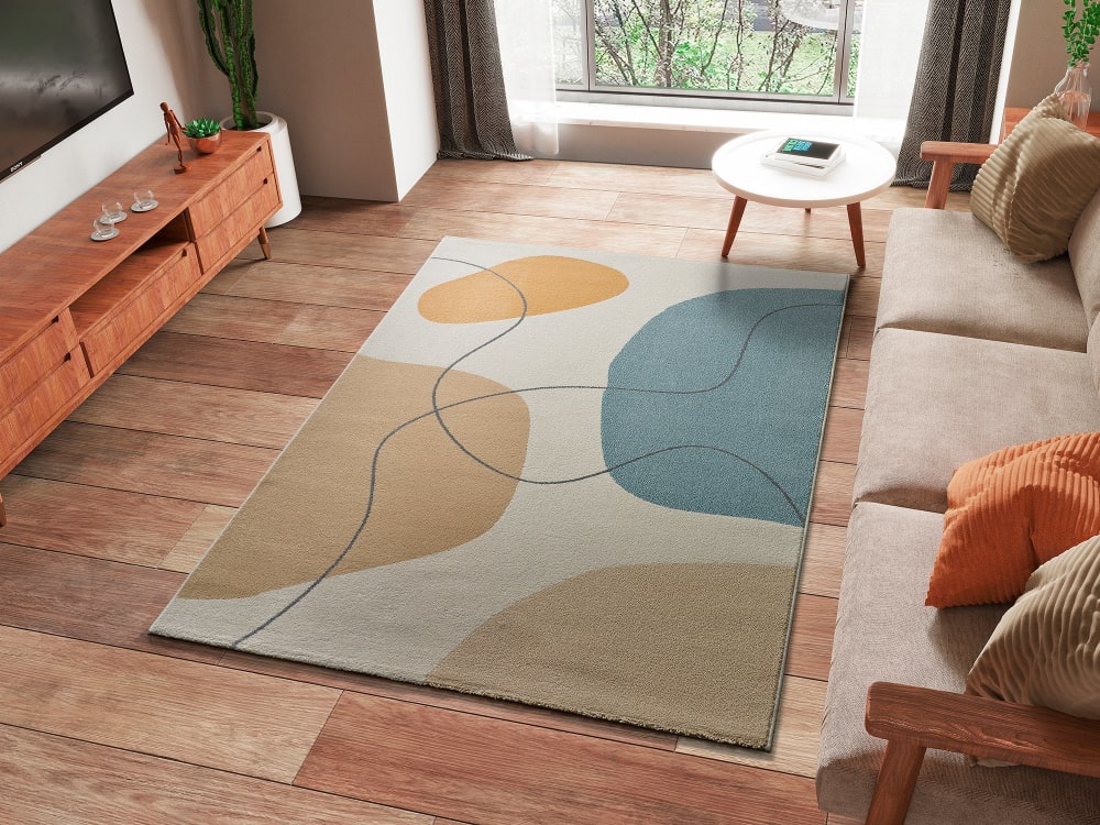 Tapis formes organiques beige/bleu/moutarde 140x200 cm — vue 3