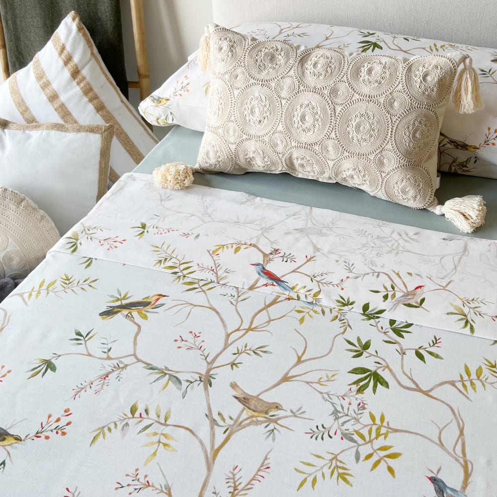 Juego de sábanas 100% algodón 4 piezas blancas pájaros- cama 180 cm - Maisons du Monde