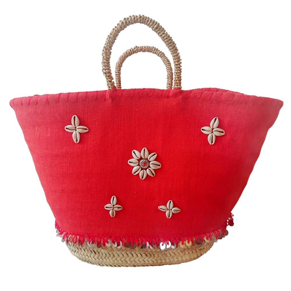 Bolso en hojas de palma y lona, rojo