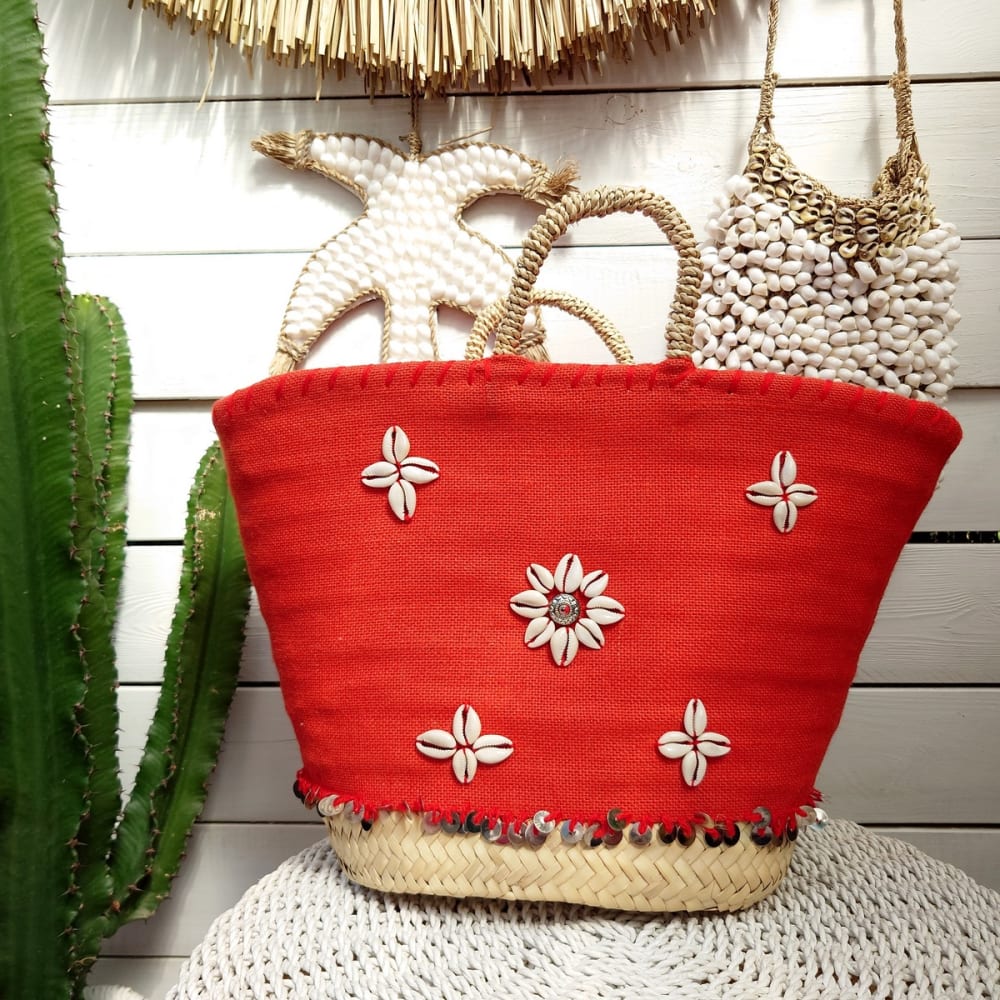 Borsa in foglie di palma e tela, rosso - My Bliss Home