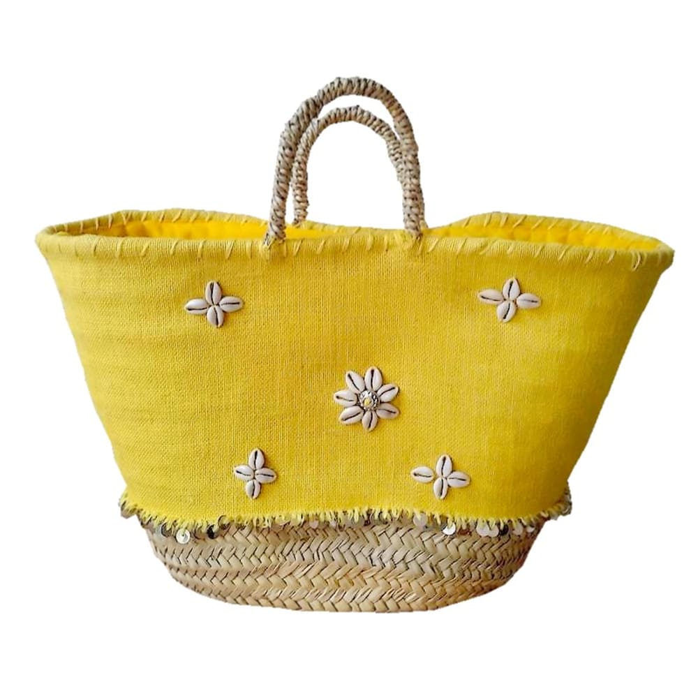 Borsa in foglie di palma e tela, giallo - Modello In riva al mare - Giallo - Fibre naturali