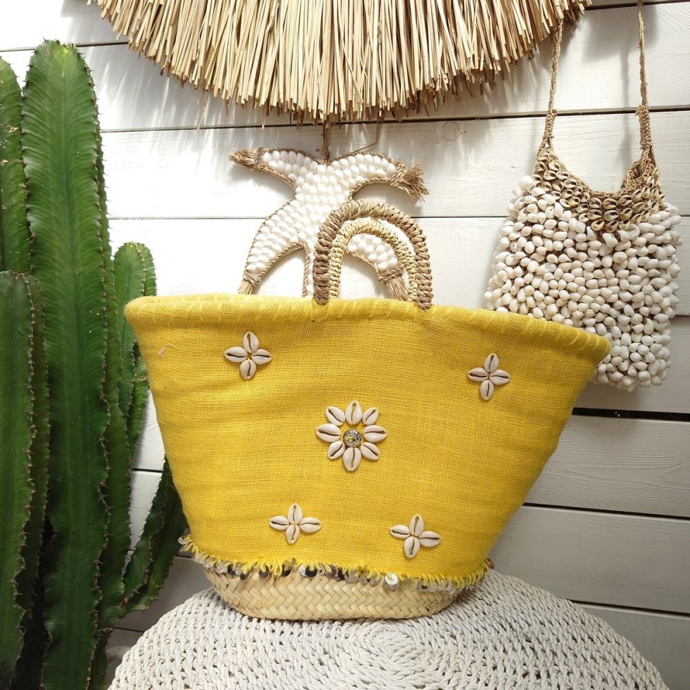 Sac de plage en palmier et toile, jaune - Maisons du Monde