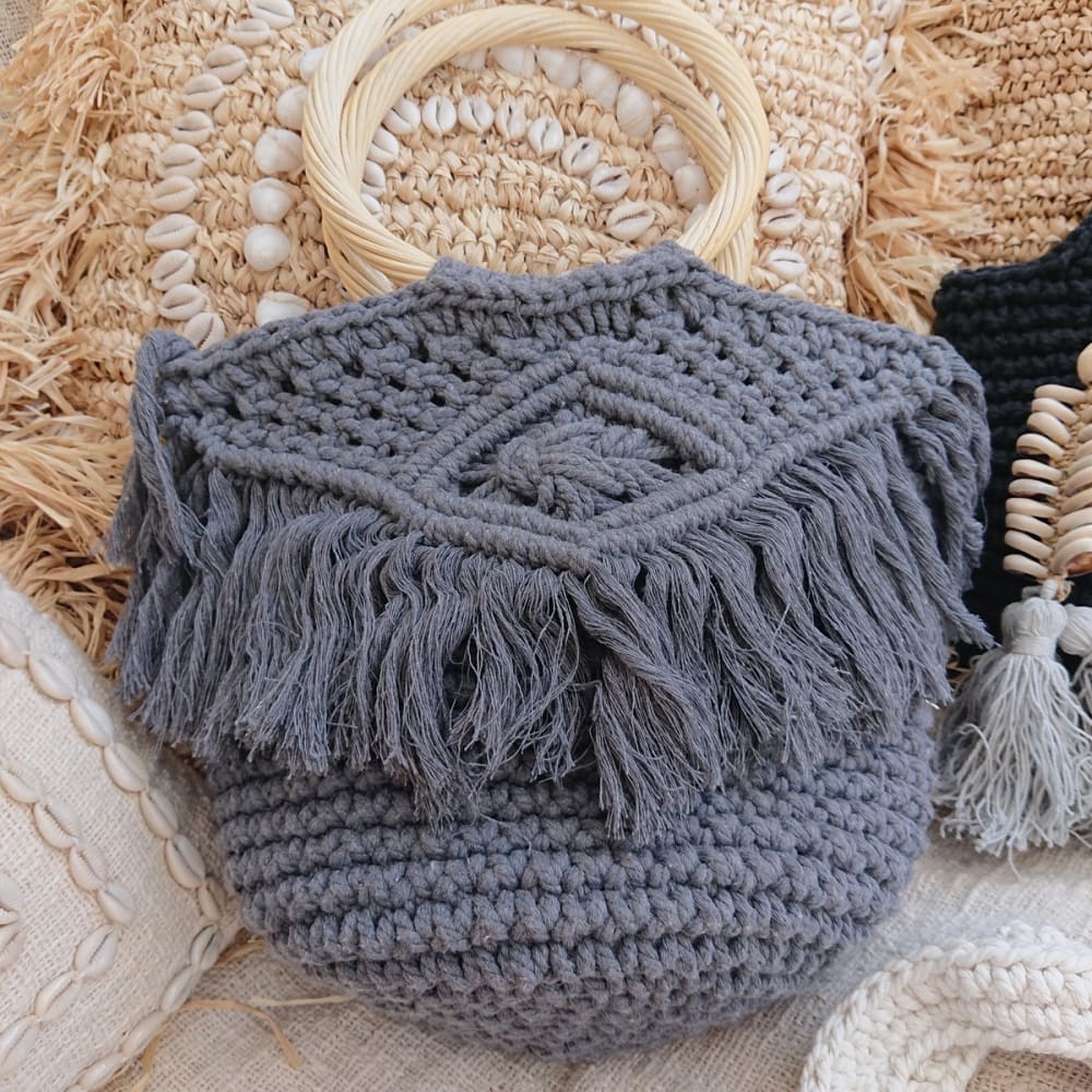 Borsa tote all'uncinetto con manici in bambù, grigio - My Bliss