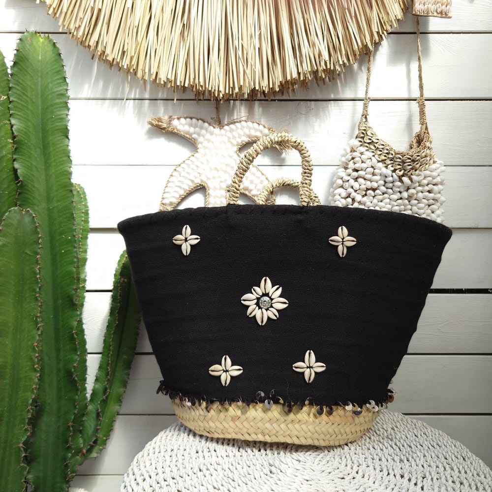 Bolso en hojas de palma y lona, negro - Maisons du Monde