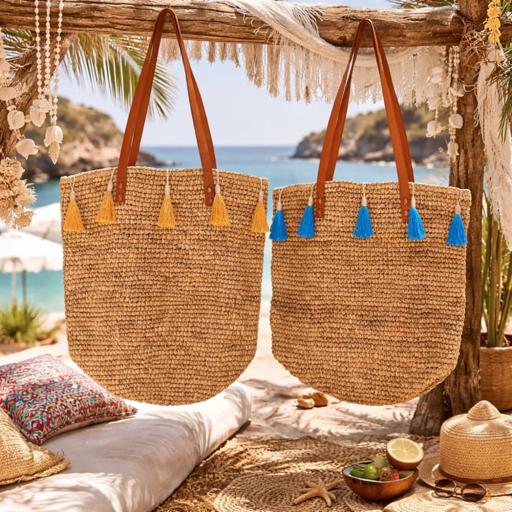 Strandtasche aus Bast und Leder, beige - Maisons Du Monde