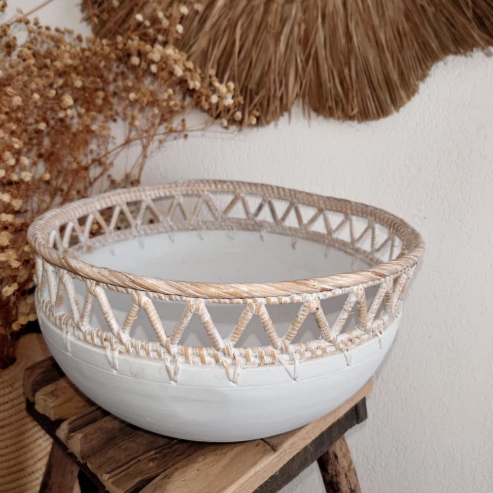 Bol rond en bois et rotin, blanc Lot de 3