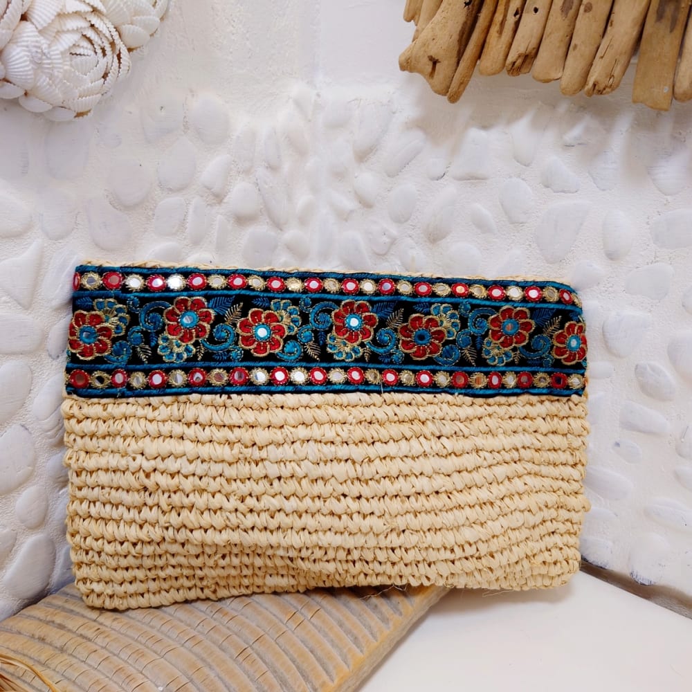 Pochette in rafia con decorazioni multicolori, beige - My Bliss
